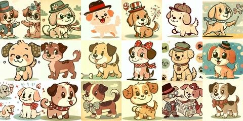 Obraz premium Cartoon vintage style funny dogs. AI generated illustration