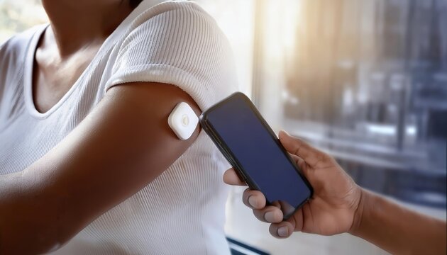 A person scanning a white medical patch on their upper arm with a smartphone, in a modern indoor setting during daylight