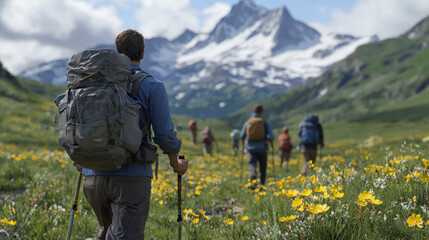 Group hiking in scenic mountain landscape with wildflowers