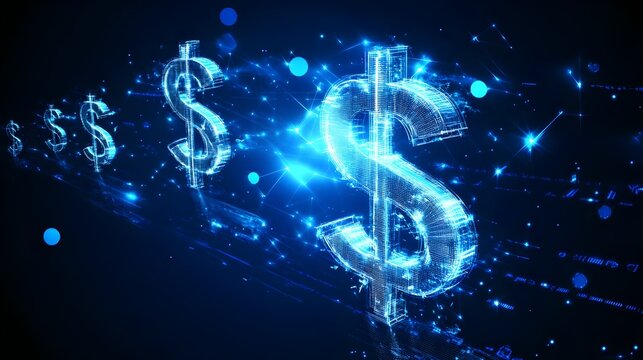 Glowing blue dollar signs $ on black background
