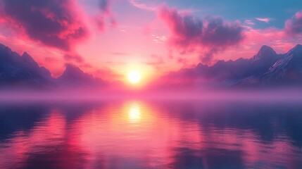 Obraz premium Pink Sunset Over Misty Mountain Lake Landscape