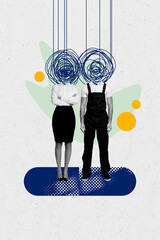 Vertical creative collage headless businesswoman man worker uniform formalwear drawing doodles mess...