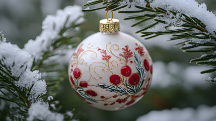 A white Christmas ornament with red berries and gold detailing hangs from a snow-covered pine branch. Festive and wintery.