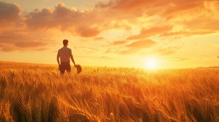 A man stands in a golden wheat field at sunset, reflecting on nature's beauty amidst vibrant orange and gold hues.