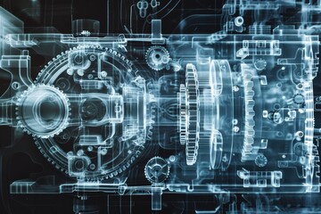 Industrial X-ray of Gearbox Mechanisms Revealing Internal Gears for Engineering Analysis and Design