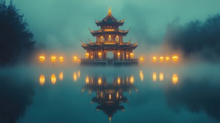 Fototapeta premium A serene pagoda illuminated at dusk, reflecting in a misty lake.