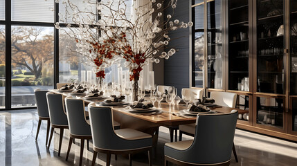 A luxurious and modern dining room is designed to combine luxurious and practical dining, suitable for high-end home decoration.