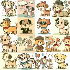 Obraz premium Cartoon vintage style funny dogs. AI generated illustration