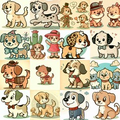 Naklejka premium Cartoon vintage style funny dogs. AI generated illustration