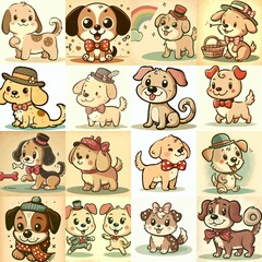 Obraz premium Cartoon vintage style funny dogs. AI generated illustration