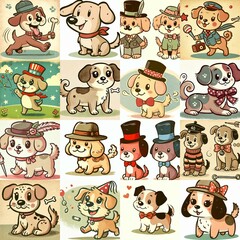 Naklejka premium Cartoon vintage style funny dogs. AI generated illustration
