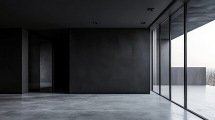 Fototapeta premium Spacious, minimalist room with a dark, monochromatic color scheme, featuring a large window overlooking an outdoor scene