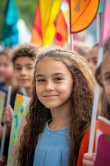 Fototapeta premium Smiling girl with long brown hair, holding colorful signs.