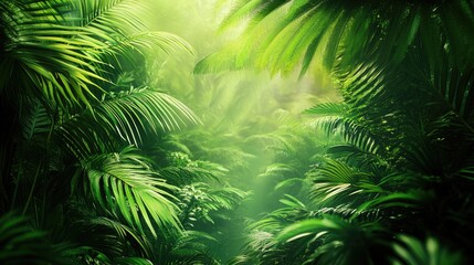 Lush green tropical foliage with sunlight filtering through, creating a serene and tranquil atmosphere.