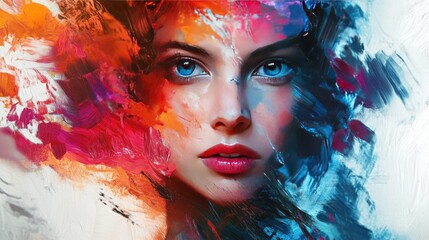 A striking portrait of a young woman with vivid blue eyes, surrounded by a vibrant, abstract splash of colors.