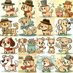 Naklejka premium Cartoon vintage style funny dogs. AI generated illustration