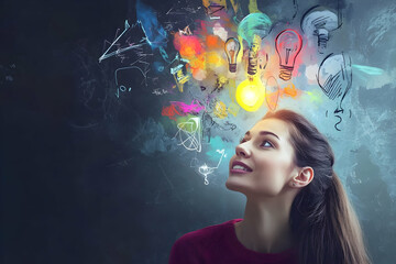 A woman with expressive features gazes up, inspired by vibrant colors and light bulbs above
