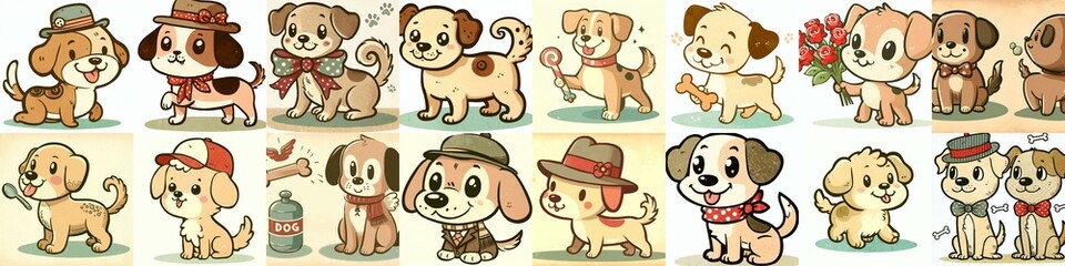 Obraz premium Cartoon vintage style funny dogs. AI generated illustration