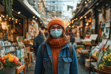 Fototapeta premium Young caucasian female wearing mask and glasses in urban market with lights