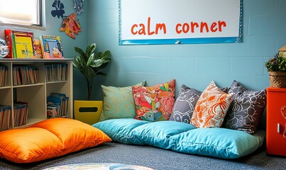 Colorful classroom calm corner with pillows and books.
