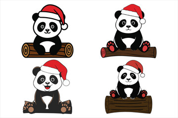 Obraz premium A set of joyful christmas panda with santa hat on white background