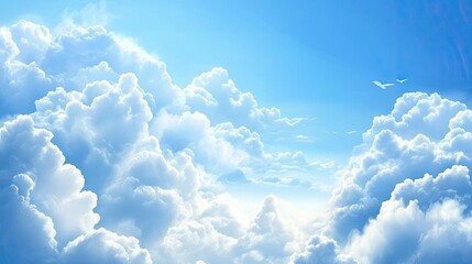 A serene sky filled with fluffy white clouds and soft blue shades, creating a tranquil atmosphere.