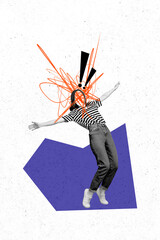 Vertical collage picture young woman faceless empty space drawing doodles mess crisis psychological...