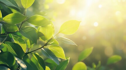 Obraz premium Sunlit green leaves glistening, creating a serene and vibrant atmosphere in nature, evoking a sense of peace.