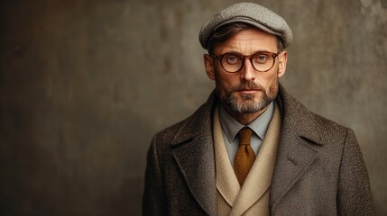 Fototapeta premium Handsome gentleman in vintage attire posing against a textured wall, exuding classic charm and sophistication in a warm indoor setting