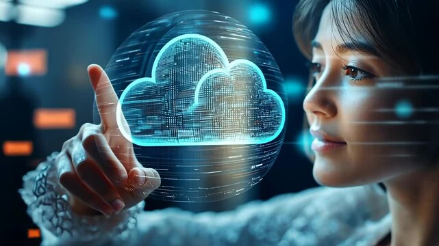 Woman finger touch cloud service hologram and files transfer, sync sign 4K Video