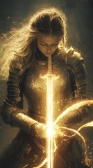 Epic portrait of a woman in battle armor holding a g AI generated illustration