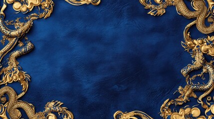 Luxury Silk Fabric with Embroidered Golden Snakes and Clouds on Royal Blue: Intricate Border Design with Soft Sheen, Fashion Quality, and 8K Resolution.