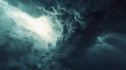 Obraz premium Black volcanic ash forming in the sky above the volcano due to an eruption, the dark ash covering the sky and releasing numerous particles into the atmosphere.