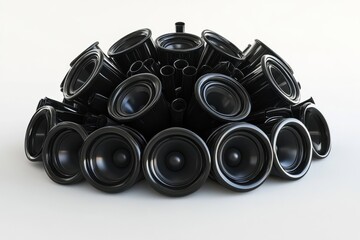 A series of speakers placed side by side on a white canvas.