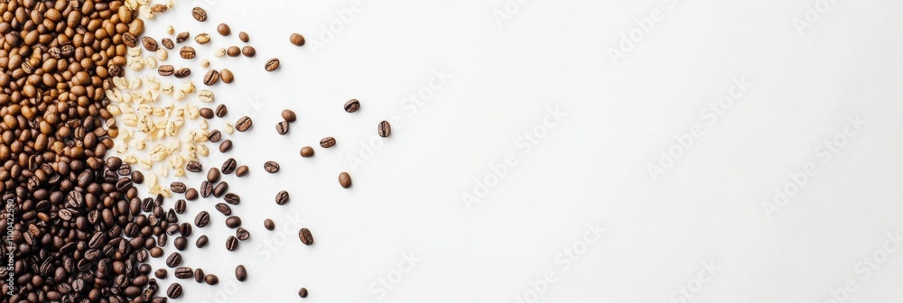 Fototapete Various types of coffee beans are spread across a white background, leaving an area on the right suitable for custom branding or text. Generative AI
