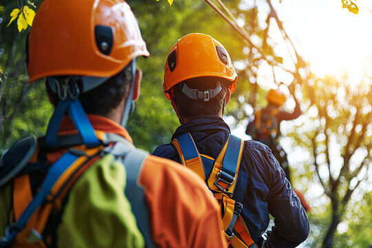 Safety training for zip line guides in a forest setting