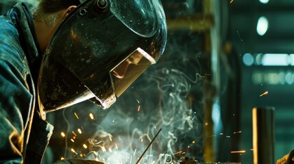 Focused Welder in Helmet Amidst Sparks Highlighting Precision and Skill in Welding Task