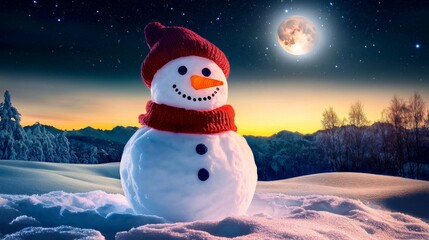 Obraz premium Cute snowman in snowy field, Frosty the snowman in snow covered hills at night. Wearing knit scarf and hat. 