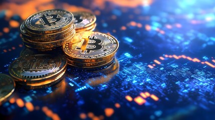 Bitcoin blockchain cryptocurrency mining technology,  digital background, symbolizing wealth and future investments and finance