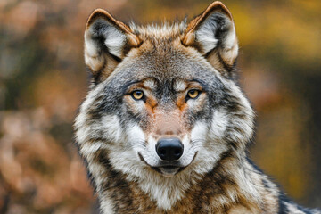 Obraz premium Wolf displaying striking features in natural habitat during autumn