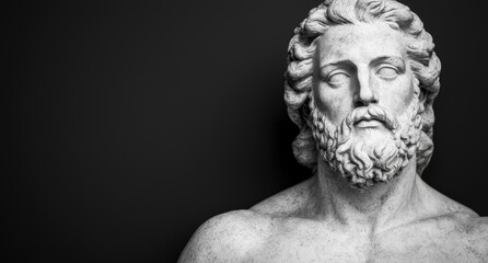 Dramatic black and white portrait of an ancient marble statue