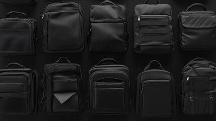 Fototapeta premium Black Backpacks Collection Stylish Travel Bags Modern Design Office Urban Style Fashi