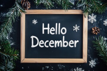 text "Hello December" written with white chalk on a blackboard, with a wooden frame around it, and a decoration of pine branches and snowflakes, against a dark background Generative AI