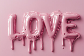 banner with 3D text "LOVE" in the style of dripping liquid, pink on a pink background