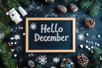 "Hello December" written on a chalkboard with a wooden frame, surrounded by snowflakes, pine branches, and decorations on a dark background Generative AI