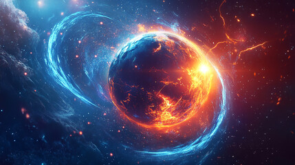 Obraz premium Fiery Cosmic Planet Nebula Galaxy Space Fire Ice Energy