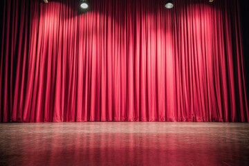 A spotlight illuminates an empty stage with red velvet curtains.