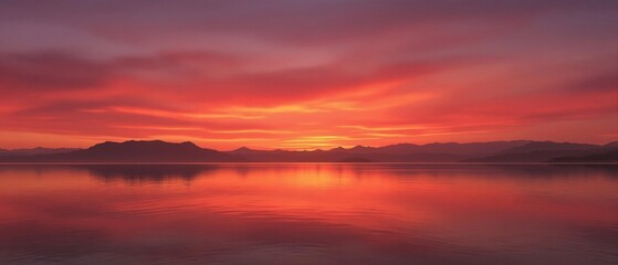 Obraz premium Gradient of red and yellow hues in a lake at sunset, reflection on the water, warm light, gradient colors, natural scenery, serene water
