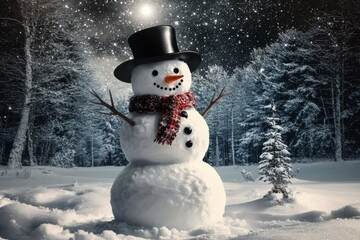 Obraz premium Cute Snowman on a Starry Winter Night: A snowman illuminated by the soft glow of moonlight and twinkling stars and snowy ground glistening around it. Winter wonderland.