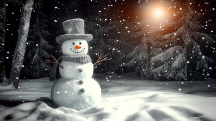 Obraz premium Cute Snowman on a Starry Winter Night: A snowman illuminated by the soft glow of moonlight and twinkling stars and snowy ground glistening around it. Winter wonderland.
